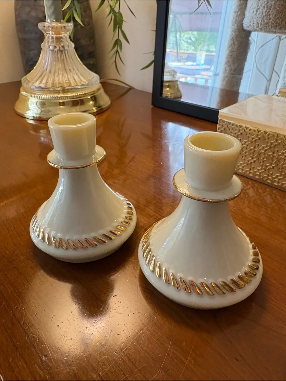 Vintage Wheaton Custard Glass Candlestick Holders with Gold Trim - Pair